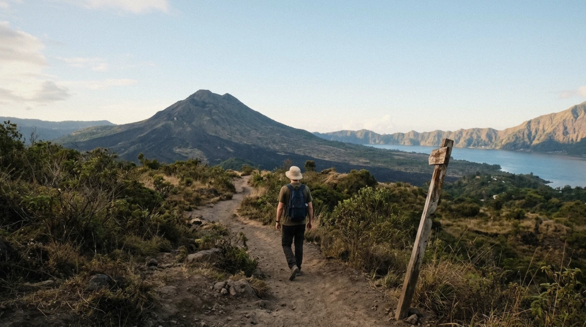 Lone hiker on the lower trail at dawn, the independent way to hike Mount Batur without a guide, Kintamani, Bali
