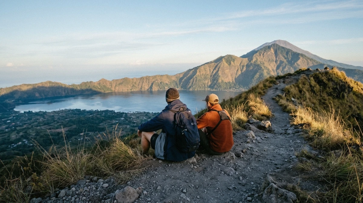 Hikers sitting on the crater rim at first light, the moment that decides whether the Mount Batur sunrise hike is worth it, Kintamani, Bali